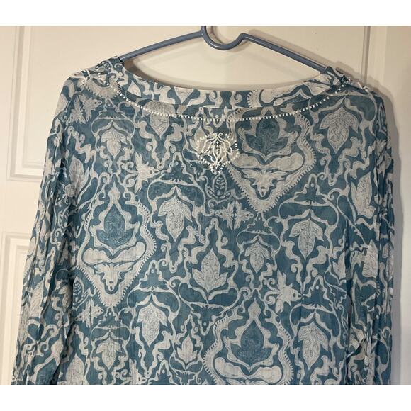Chico's Blue Floral Longsleeve Semi Sheer Silk Embroidered Boho Peasant Top 2 - Picture 7 of 11